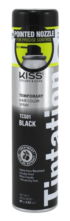 A can of Red By KISS Temporary Hair Color Spray in black, with product details and branding visible.