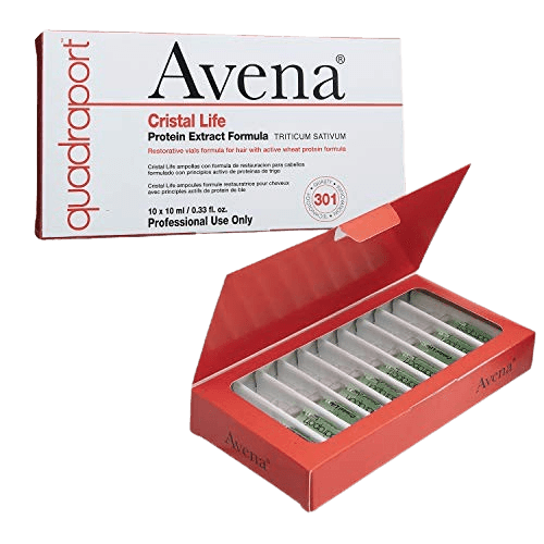 A box of Avena Cristal Life hair vials with red packaging, containing small glass vials for hair treatment.