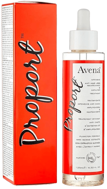 A red bottle of Avena Proport anti-hair loss treatment lotion with a white dropper, next to its packaging box.