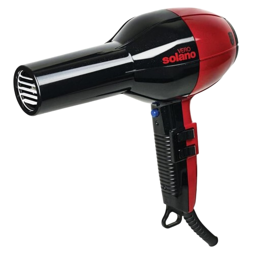 A black and red Solano Vero Ionic Hair Dryer with a power cord.