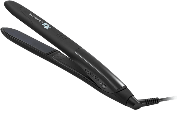 A black Bio Ionic 10X Flat Styling Iron with ceramic plates and a digital display.