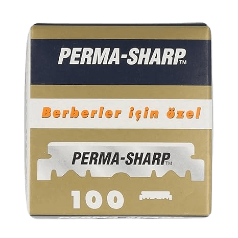 Packaging of Perma-Sharp straight edge razor blades, with the brand name and a picture of a razor on the front.