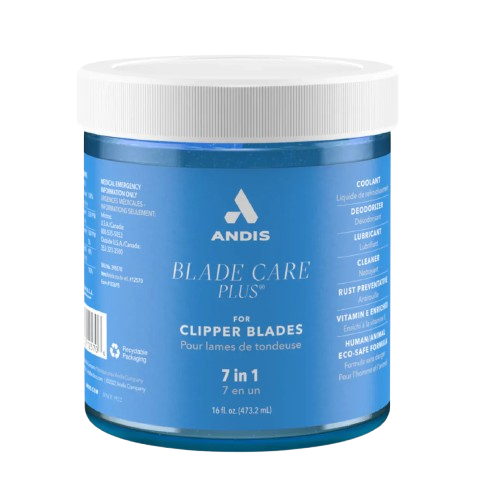 A blue jar labeled 'Andis Blade Care Plus' for clipper blades, featuring a white lid and multiple white text entries detailing product use and maintenance instructions.