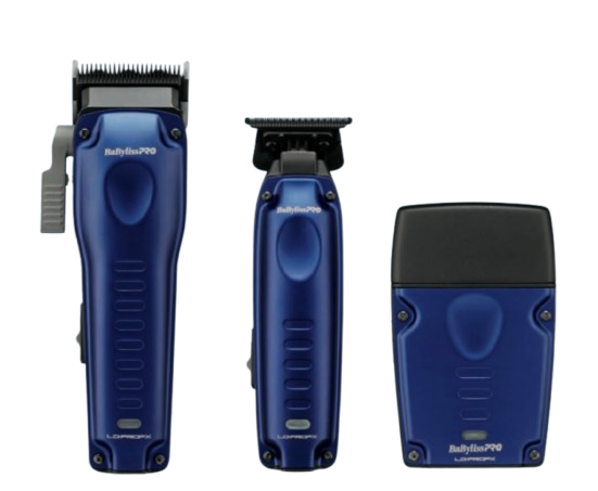 Set of three blue理发器 on a white background