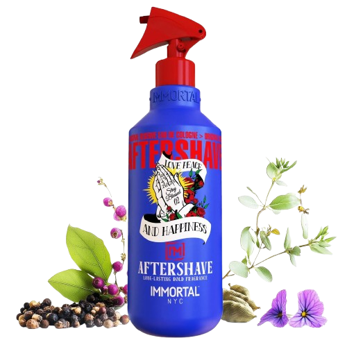Blue bottle of Immortal NYC aftershave with red spray top on a white background