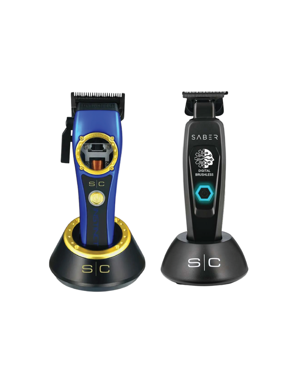 Stylecraft hair clipper and trimmer, one blue and gold, the other black and silver, on a white background.