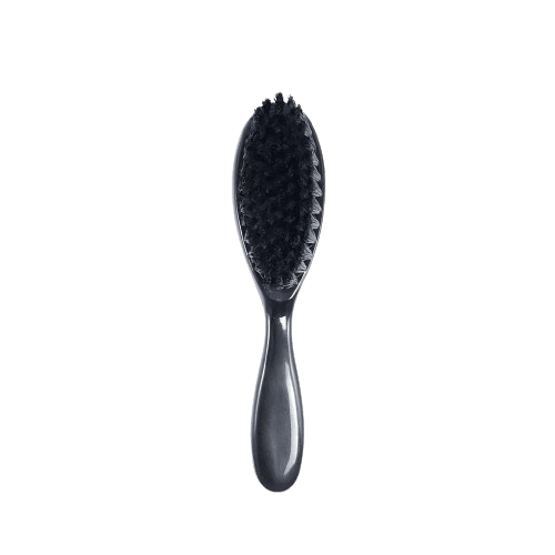 A professional barber hair brush with soft nylon bristles, featuring an oval shape and a metallic finish.