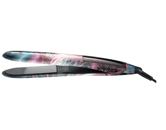 A flat iron with a straightening plate, featuring a floral design.