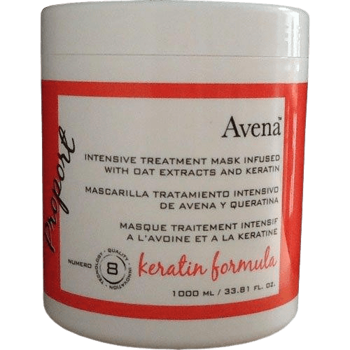 Avena Proport Numero 8 Intensive Treatment Mask in a white jar with red label, indicating it is an oats treatment mask with keratin and dates extracts.
