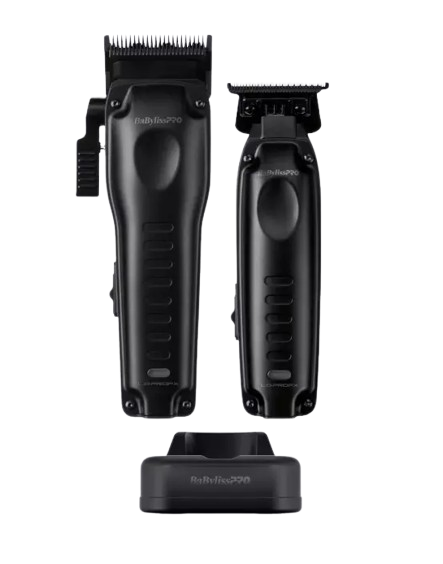 Black BaBylissPRO compact hair clipper and trimmer set with attachments on a white background