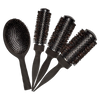 Set of black hairbrushes with varying bristle patterns on a white background