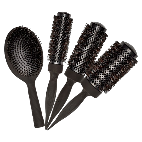Set of black hairbrushes with varying bristle patterns on a white background