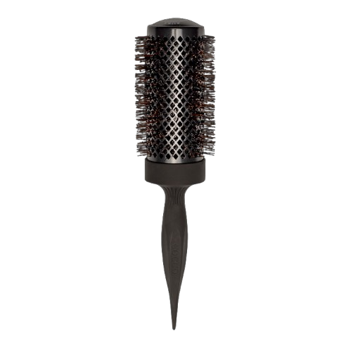 Black hairbrush with boar bristle head on a white background