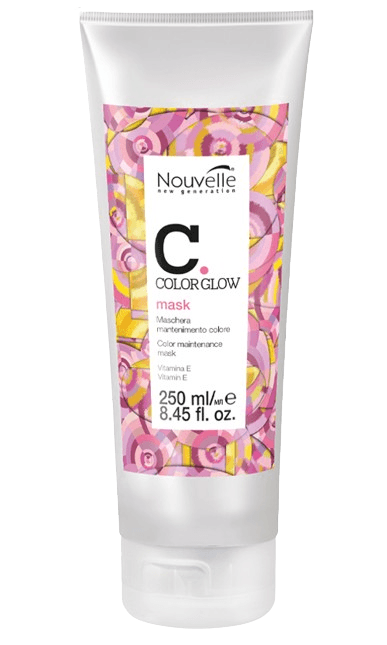 A pink and yellow packaged hair mask product from the brand Nouvelle, designed for color maintenance and protection.
