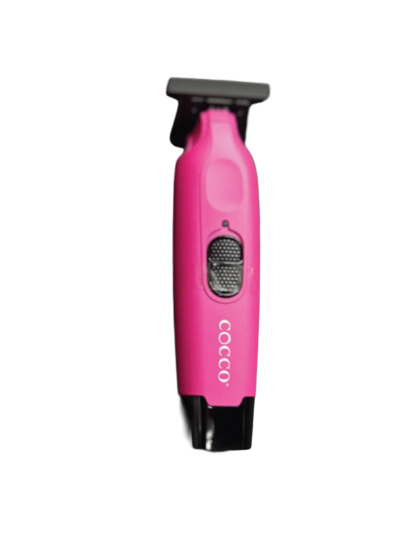Pink hair trimmer with black accents on a white background