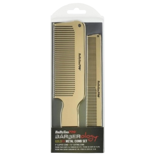 BaByliss Barberology MetalFX Comb Set packaging with two metal combs visible, one larger for clippers and one smaller for cutting.