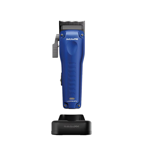 Blue hair clipper with charging stand on a white background