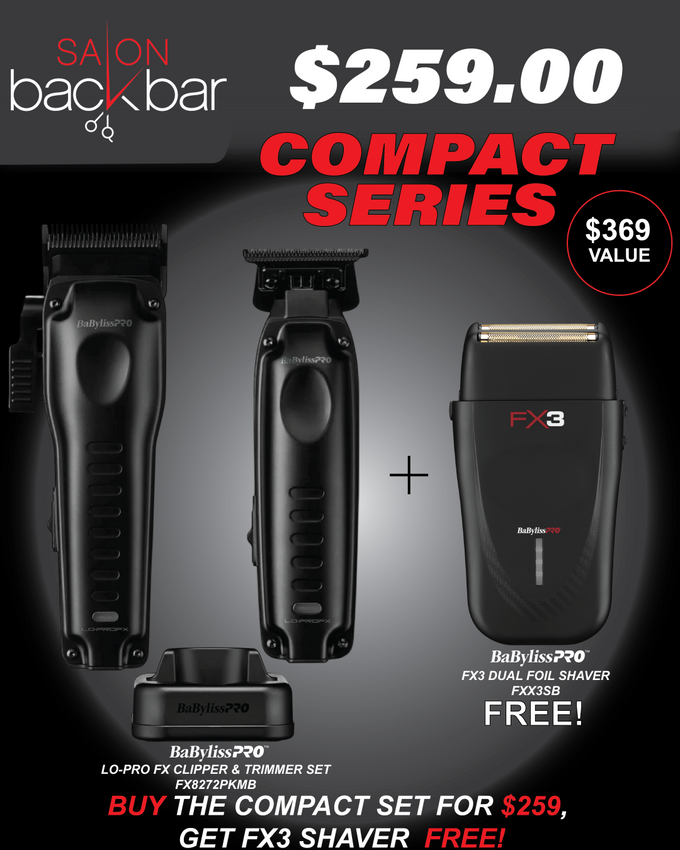 BaBylissPRO FX3 Black Shaver + High Performance Compact Clipper & Trimmer Set | Professional Barber Bundle Deal (FX8272PKMB)