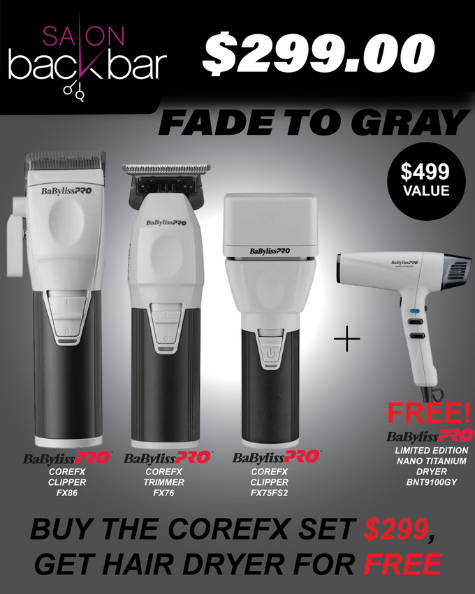 BaBylissPRO CoreFX Clipper, Trimmer & Double Foil Shaver + Grey Nano Titanium Hair Dryer Value Set