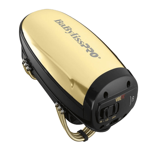 A Babyliss VIBEFX Cordless Gold Massager with a sleek gold and black design, featuring control buttons and a carry handle.