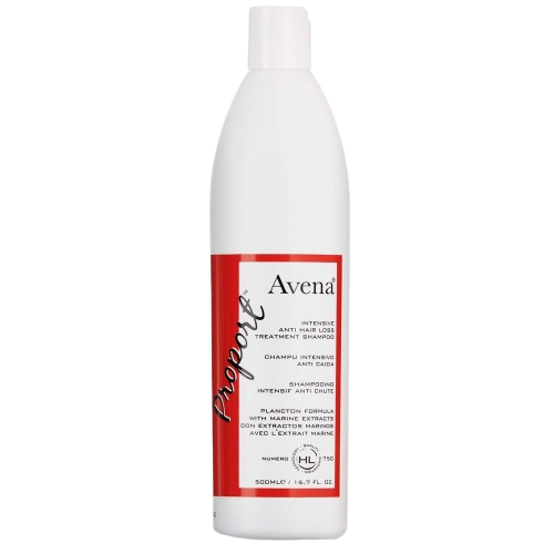 A bottle of Avena Proport Anti-Hair Loss Shampoo with white and red label, predominantly white background.