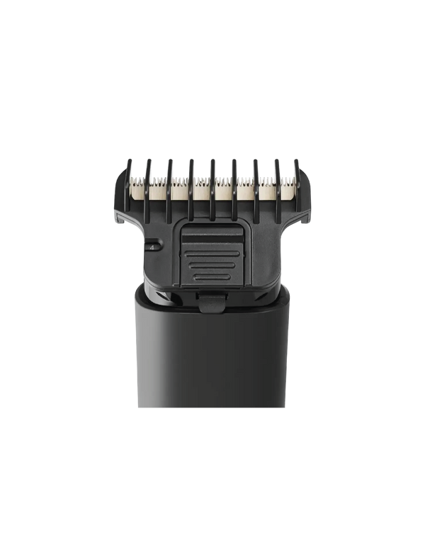 Black hair trimmer with adjustable blade attachment on a white background