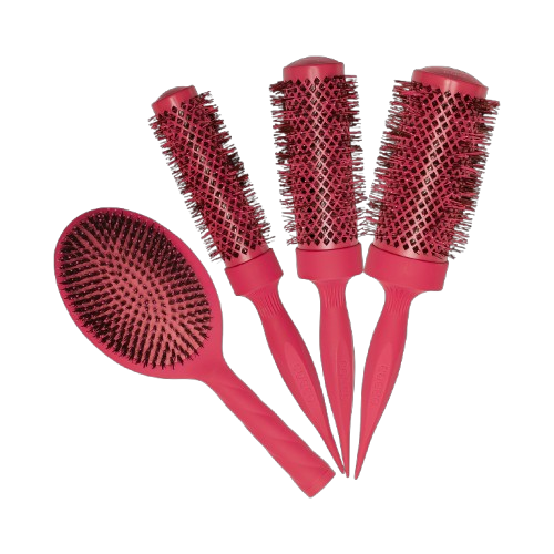 Set of red hairbrushes on a white background