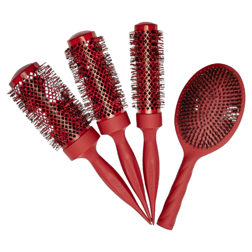 Set of red hairbrushes on a white background