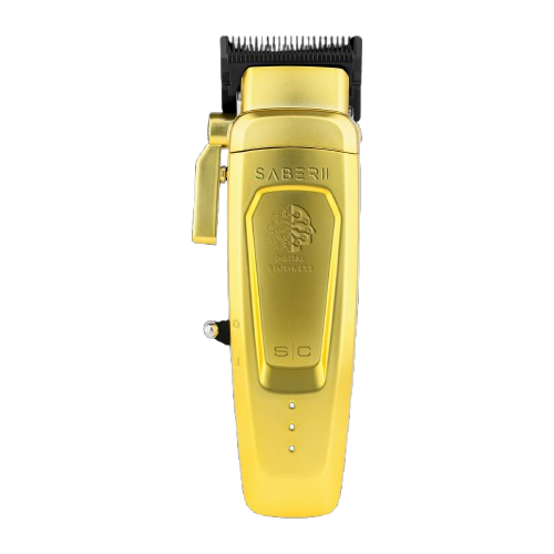 Gold hair clipper with 'Saber II' branding on a white background