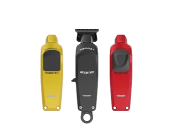 Three cordless trimmers in yellow, gray, and red colors, each with a black handle and a digital display.