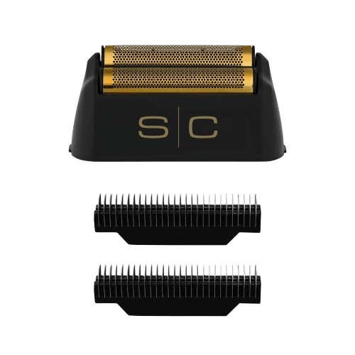 The image shows a black and gold foil head and cutter set for a shaver, including two replacement stainless steel forged cutters and a gold titanium foil head.