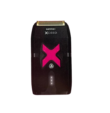 Black grooming tool with pink 'X' logo on a white background