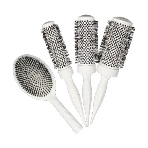 Set of four white hairbrushes with black bristle patterns on a white background