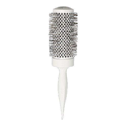 White round hairbrush with metallic boar bristle head on a white background