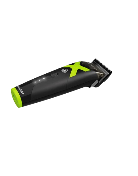 Black and green hair trimmer on a white background