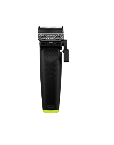 Black hair clipper with green accent on a white background