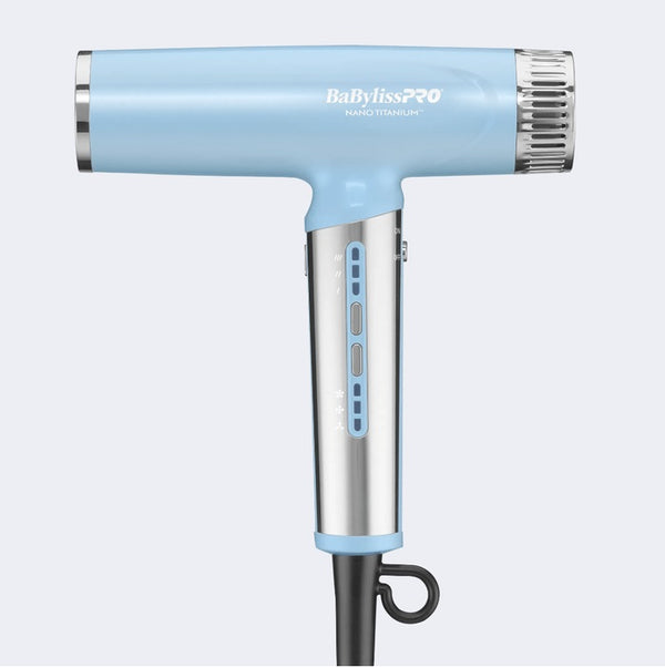 Iced Blue BaBylissPRO hair dryer on a white background