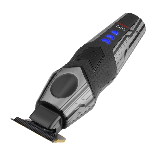 A handheld electric hair trimmer shown at an angle on a plain white background. The clipper has a black and dark gray body with a textured grip, a circular black button, blue LED indicator lights, and a metal cutting blade with a small gold accent.