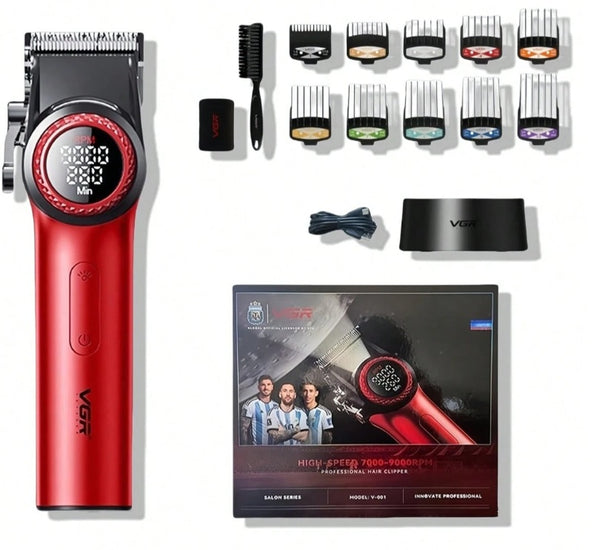 Red hair trimmer with attachments and packaging on a white background