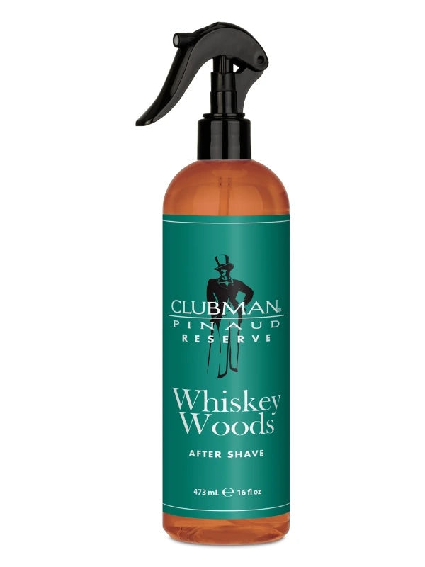 Clubman Pinaud Reserve Whiskey Woods after shave bottle on a white background
