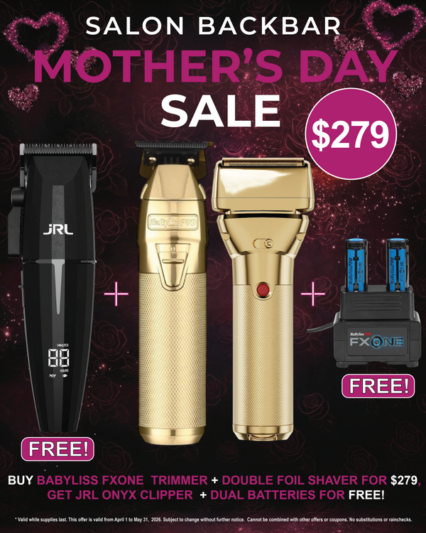 Advertisement for a salon backbar Mother's Day sale featuring hair cutting tools with promotional text.