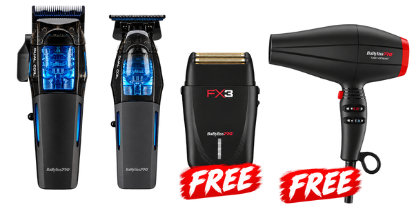 BaBylissPRO Dual Coil Clipper & Trimmer Set + FX3 Matte Black Shaver & Turbo Extreme Dryer Bundle