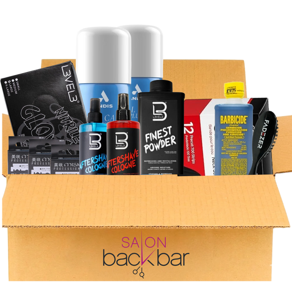 Collection of grooming products including bottles and boxes with 'Salon Back Bar' branding.