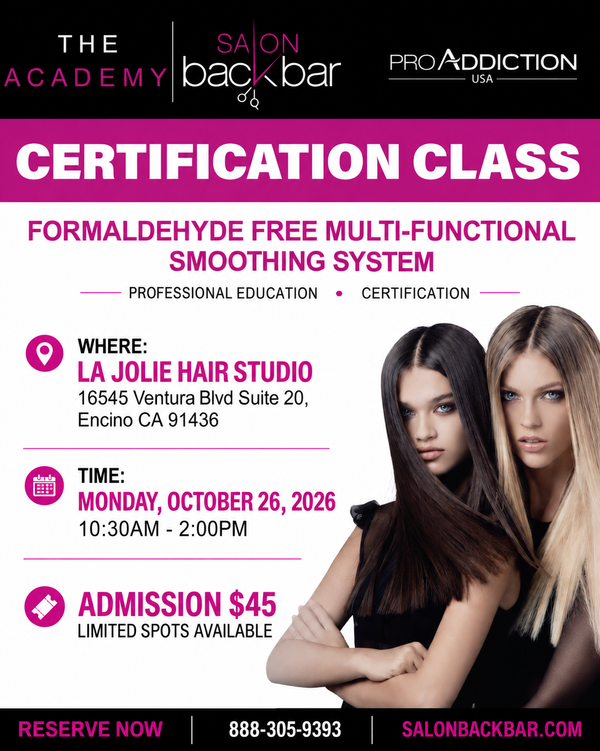 Promotional flyer for a 'Certification Class' at The Academy Back Bar by ProAddiction USA, featuring pink and white text on a black background with photos of two women.