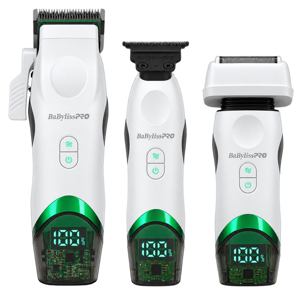 Three views of a BaBylissPRO x Tomb45 electric white hair trimmer set on a white background: a clipper, a trimmer, and an shaver, all in white with green accents and black details.
