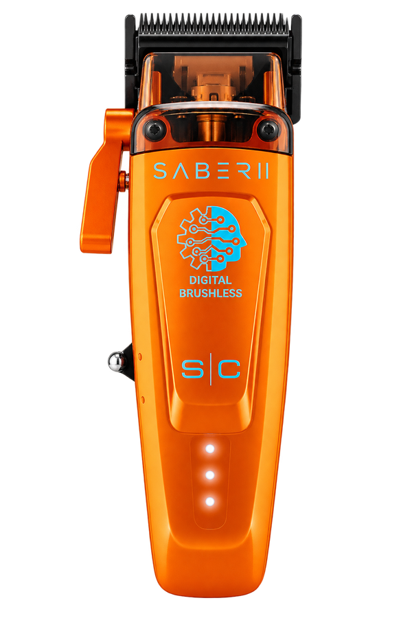 Bright orange StyleCraft SABER II digital brushless hair clippers with a black cutting head, shown on a plain white background.