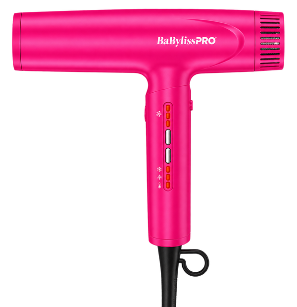 A hot pink BabylissPRO hair dryer shown on a clean white background, angled to display its side and handle with the power cord visible.