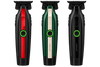 Three Cocco cordless hair clippers shown side by side on a white background, each with a different handle color: black with a red vertical stripe, green with a cream vertical stripe, and black.