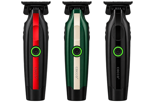 Three Cocco cordless hair clippers shown side by side on a white background, each with a different handle color: black with a red vertical stripe, green with a cream vertical stripe, and black.