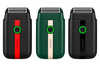 Three Cocco portable electric shavers shown side by side on a white background, each in a different colorway: black with a red vertical stripe, dark green with a cream vertical stripe, and black with a dark gray vertical stripe.